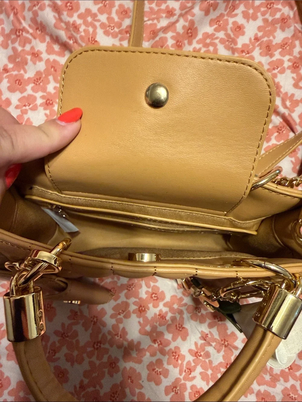 Steve Madden Quilted Tan Satchel with Gold Chain Accents